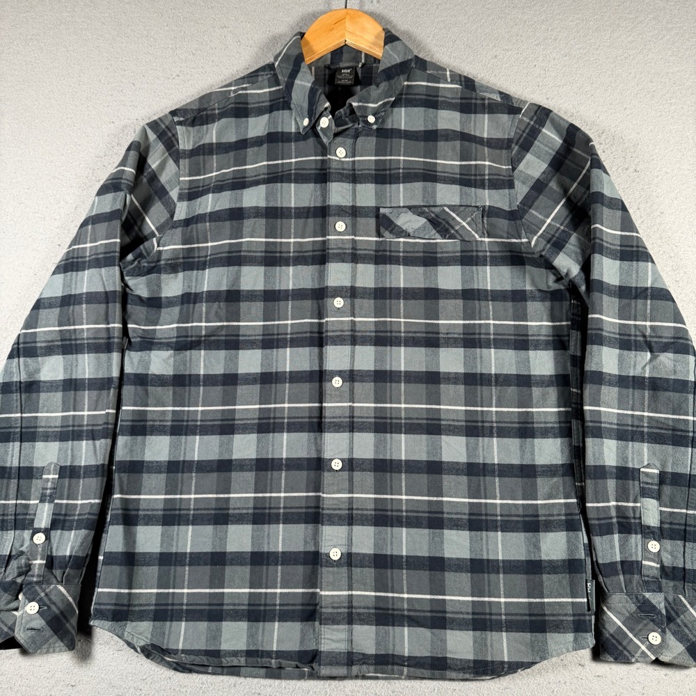 Helly Hansen Mens Grey Plaid Organic Cotton Flannel‎ Button Down Shirt Size M